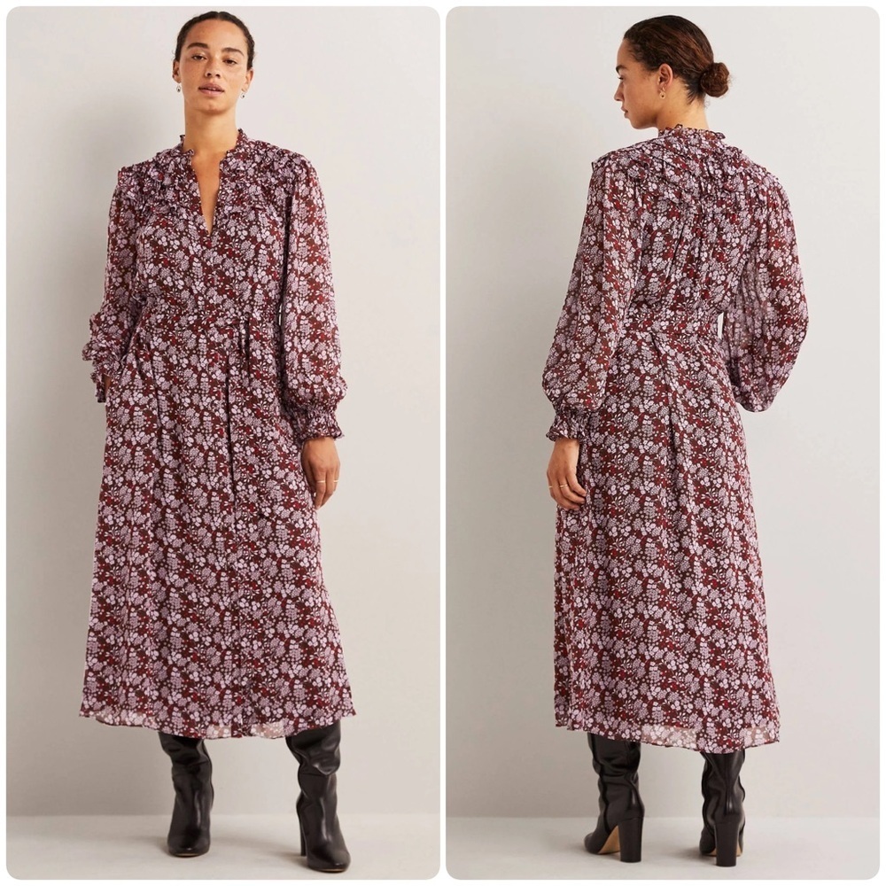 BODEN Ruffle Yoke Midi Shirt Dress Floral Long Sleeve Chiffon Dress Size 4